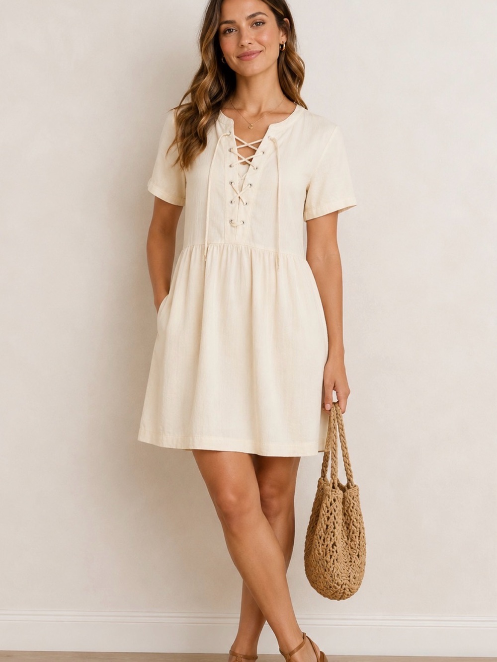 Old Navy Cream Lace-Up V-Neck Short Sleeve Mini Dress